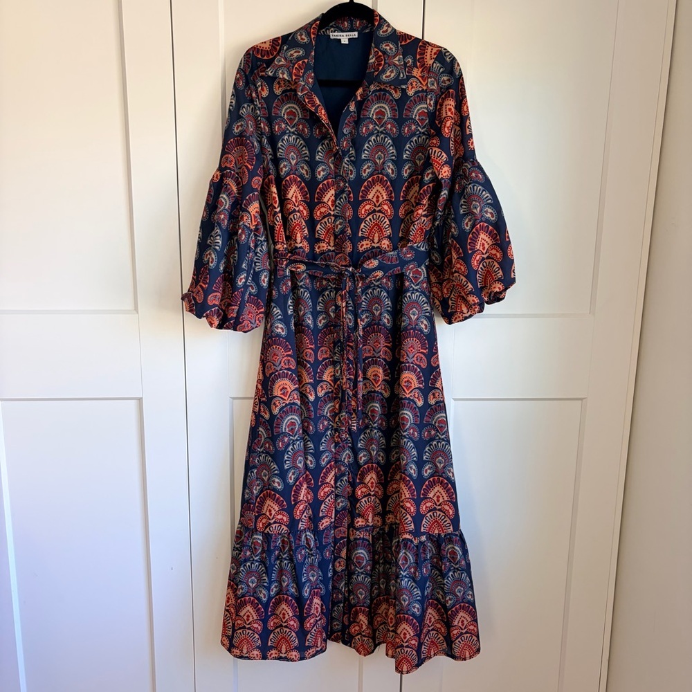 Printed Navy and Coral Long-Sleeve Maxi Dress with Tie Waist
